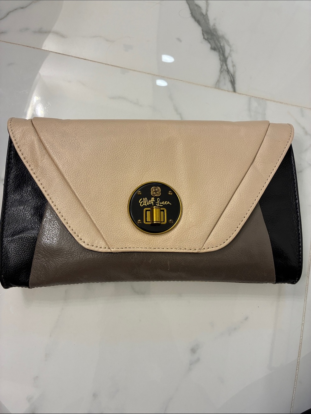 Elliott Lucca Beige, Taupe & Black Leather Colorblock Clutch